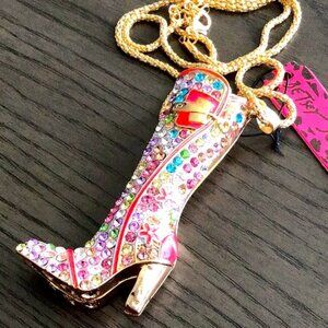 NWT. Betsey Johnson. Gold Tone Colorful Crystal Rhinestone Boot Pendant Necklace